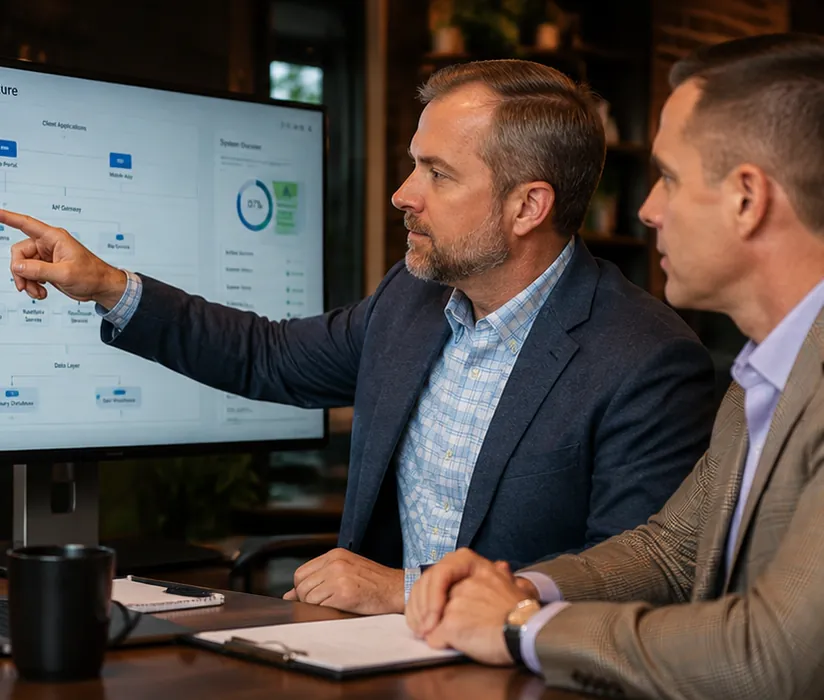 Two Inner Join Technologies consultants reviewing a Dynamics 365 solution architecture diagram on screen